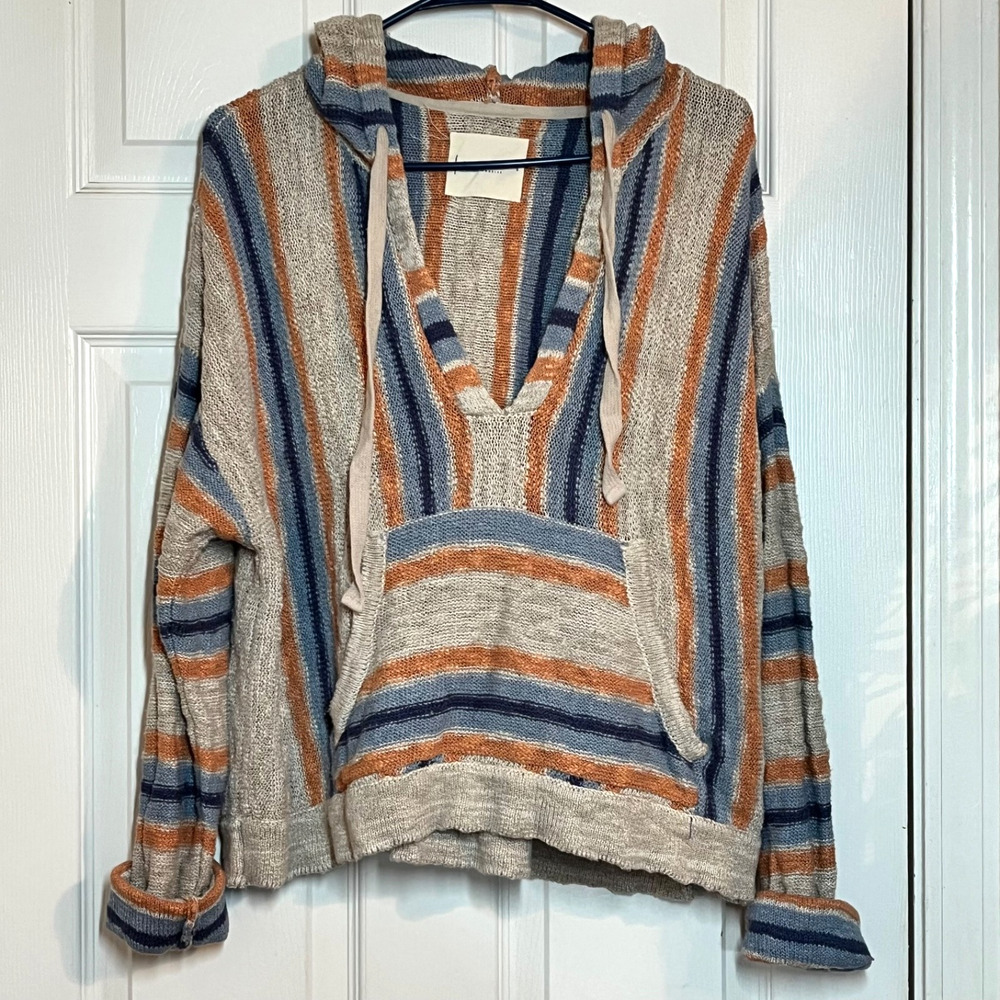 Lucky Brand Baja beach Hoodie Knit Striped Oversized Small Surf Sweater coverup